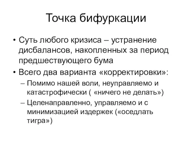 Точка бифуркации Суть любого кризиса – устранение дисбалансов, накопленных за период предшествующего