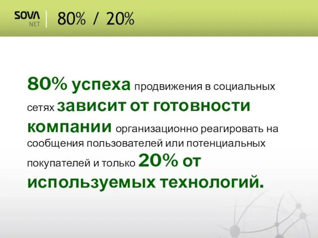 80% / 20% 80% успеха продвижения в социальных сетях зависит от готовности