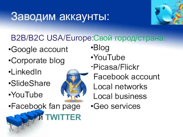 Заводим аккаунты: B2B/B2C USA/Europe: Google account Corporate blog LinkedIn SlideShare YouTube Facebook