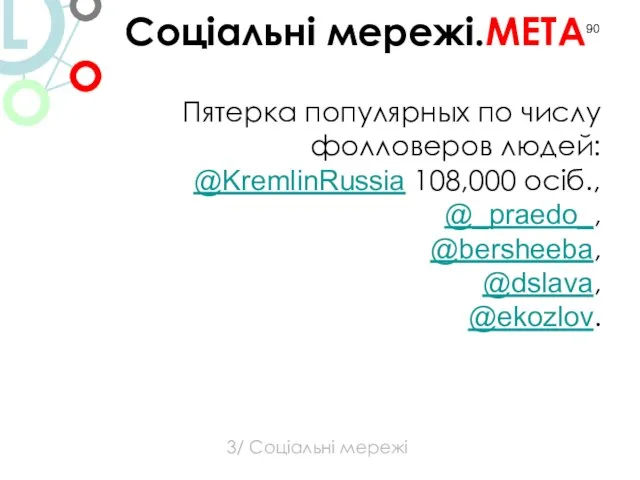 Пятерка популярных по числу фолловеров людей: @KremlinRussia 108,000 осіб., @_praedo_, @bersheeba, @dslava,