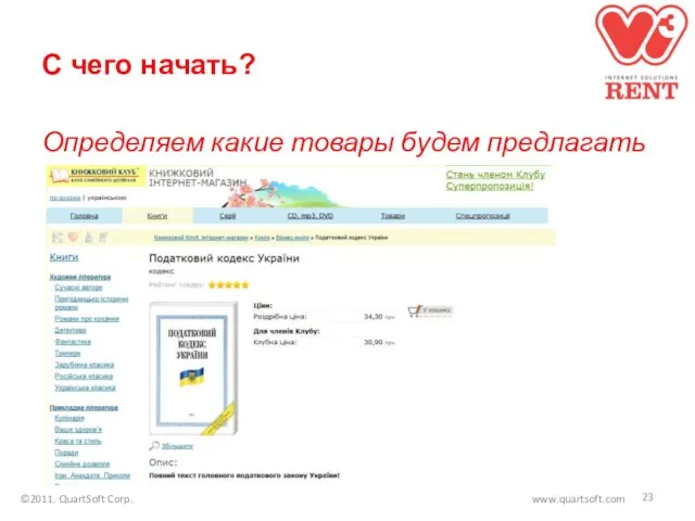 С чего начать? Определяем какие товары будем предлагать ©2011. QuartSoft Corp. www.quartsoft.com