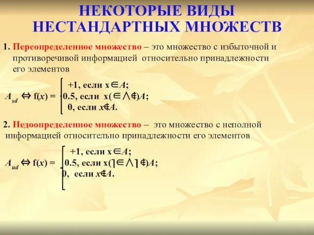 НЕКОТОРЫЕ ВИДЫ НЕСТАНДАРТНЫХ МНОЖЕСТВ 1. Переопределенное множество – это множество с избыточной