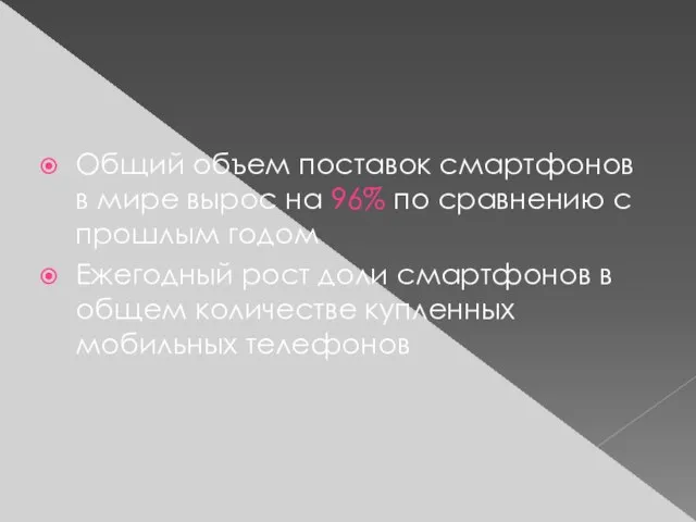 Общий объем поставок смартфонов в мире вырос на 96% по сравнению с