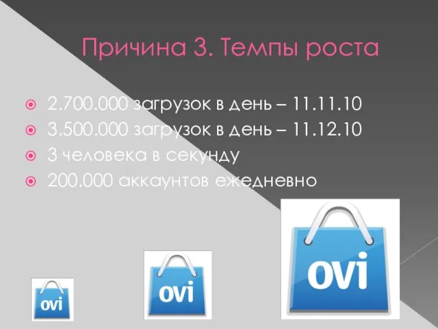 Причина 3. Темпы роста 2.700.000 загрузок в день – 11.11.10 3.500.000 загрузок