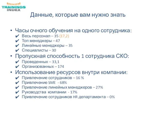 Данные, которые вам нужно знать Часы очного обучения на одного сотрудника: Весь