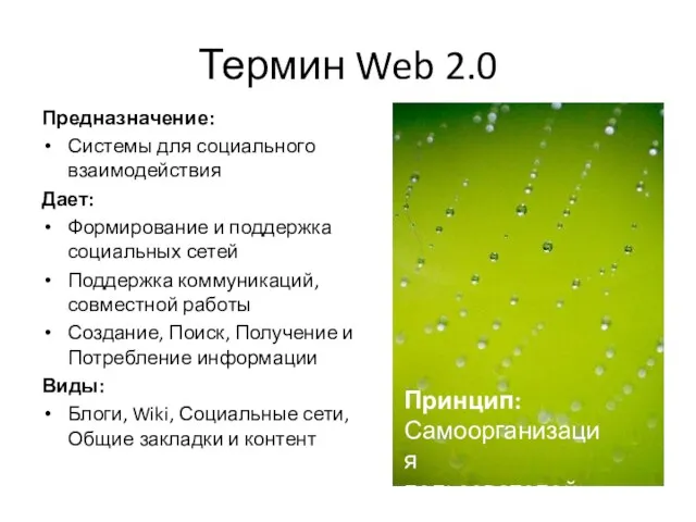 Термин Web 2.0 Предназначение: Системы для социального взаимодействия Дает: Формирование и поддержка