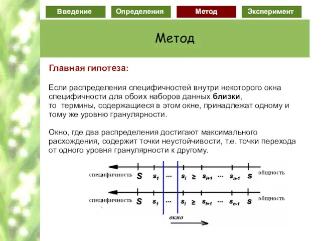 Главная гипотеза: Если распределения специфичностей внутри некоторого окна специфичности для обоих наборов