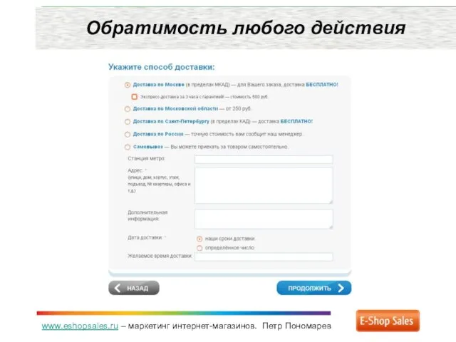 www.eshopsales.ru – маркетинг интернет-магазинов. Петр Пономарев Обратимость любого действия