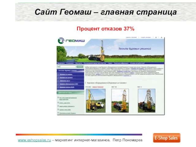 www.eshopsales.ru – маркетинг интернет-магазинов. Петр Пономарев Сайт Геомаш – главная страница Процент отказов 37%