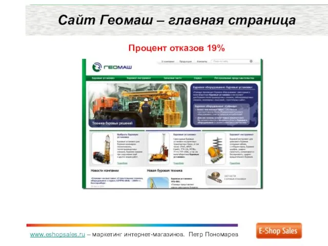 www.eshopsales.ru – маркетинг интернет-магазинов. Петр Пономарев Сайт Геомаш – главная страница Процент отказов 19%
