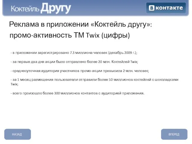 - в приложении зарегистрировано 7.3 миллиона человек (декабрь 2009 г.); - за