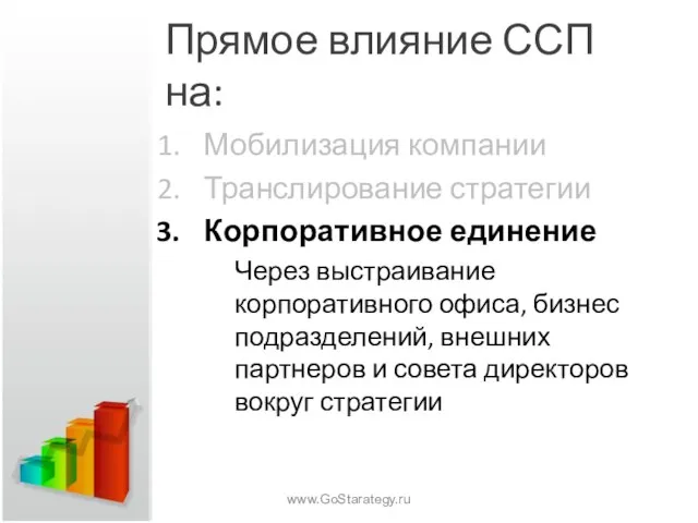 Прямое влияние ССП на: Мобилизация компании Транслирование стратегии Корпоративное единение Через выстраивание