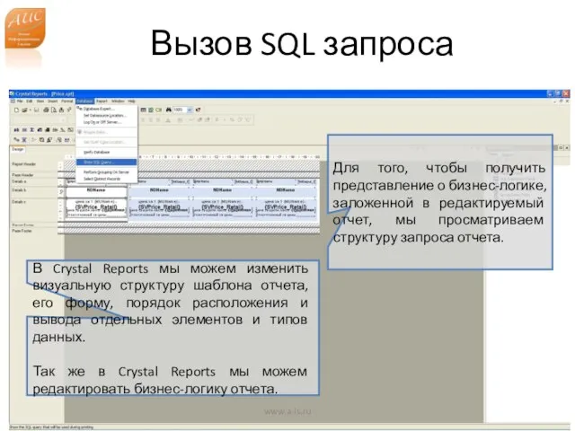 Вызов SQL запроса www.a-is.ru Для того, чтобы получить представление о бизнес-логике, заложенной