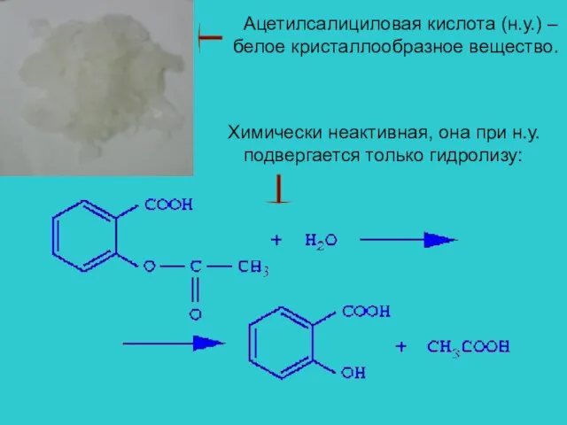 Ацетилсалициловая кислота (н.у.) – белое кристаллообразное вещество. Химически неактивная, она при н.у. подвергается только гидролизу: