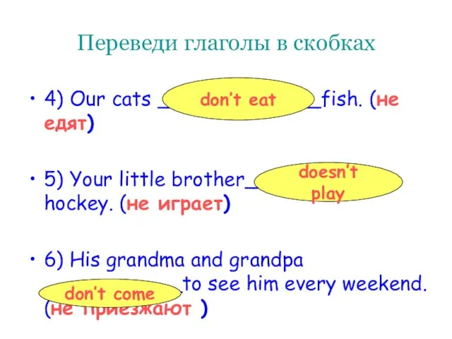 Переведи глаголы в скобках 4) Our cats _____________fish. (не едят) 5) Your