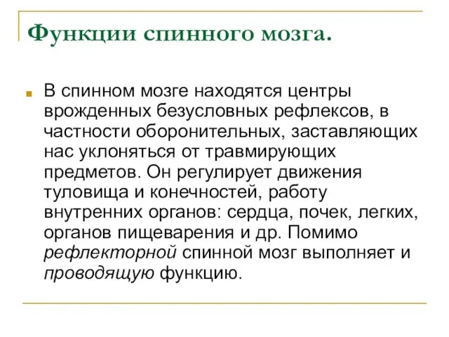 Функции спинного мозга. В спинном мозге находятся центры врожденных безусловных рефлексов, в