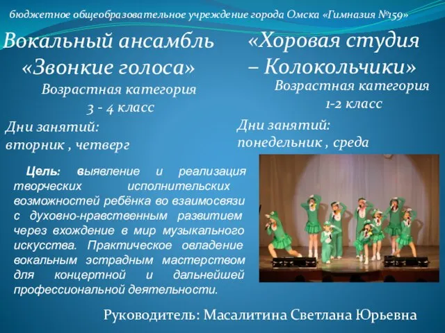 бюджетное общеобразовательное учреждение города Омска «Гимназия №159» Вокальный ансамбль «Звонкие голоса» Руководитель:
