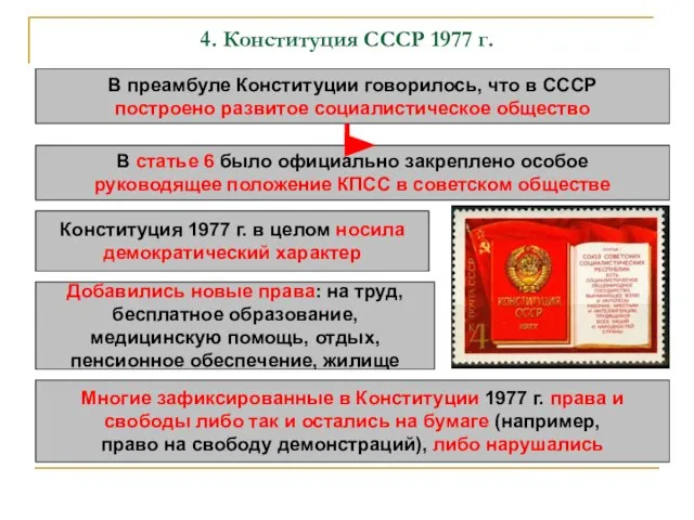 4. Конституция СССР 1977 г. В преамбуле Конституции говорилось, что в СССР