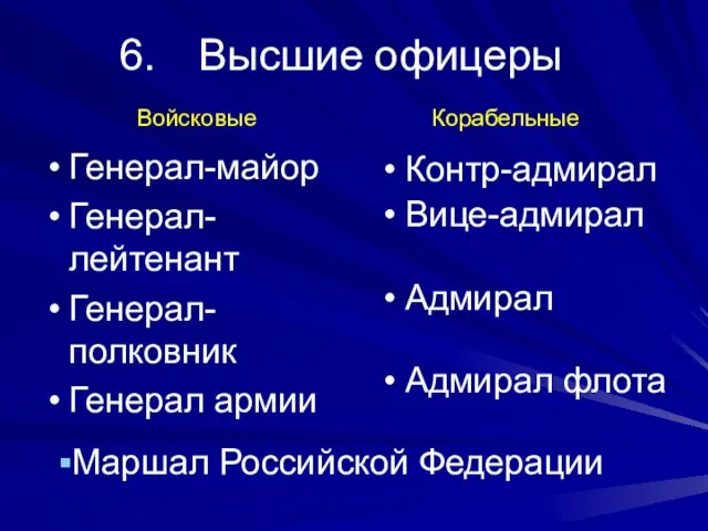 Высшие офицеры Генерал-майор Генерал-лейтенант Генерал-полковник Генерал армии Контр-адмирал Вице-адмирал Адмирал Адмирал флота