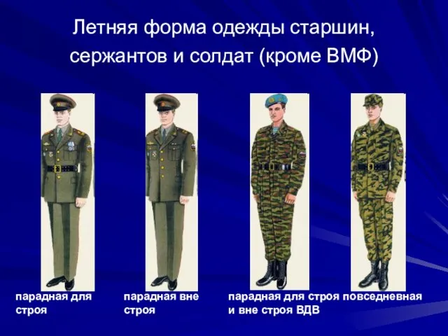 Летняя форма одежды старшин, сержантов и солдат (кроме ВМФ) парадная для строя