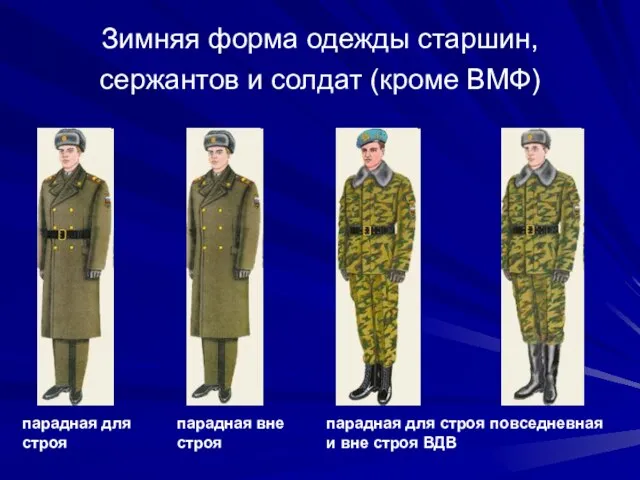 Зимняя форма одежды старшин, сержантов и солдат (кроме ВМФ) парадная для строя