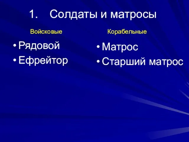 Солдаты и матросы Рядовой Ефрейтор Матрос Старший матрос Войсковые Корабельные