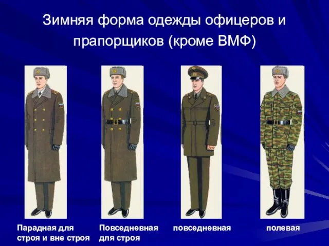 Зимняя форма одежды офицеров и прапорщиков (кроме ВМФ) Парадная для строя и