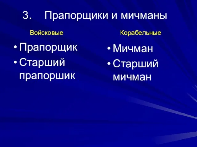 Прапорщики и мичманы Прапорщик Старший прапоршик Мичман Старший мичман Войсковые Корабельные