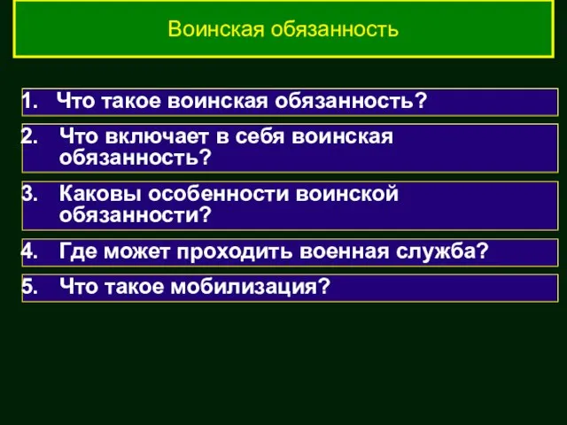 Что такое воинская обязанность? Что включает в себя воинская обязанность? Каковы особенности