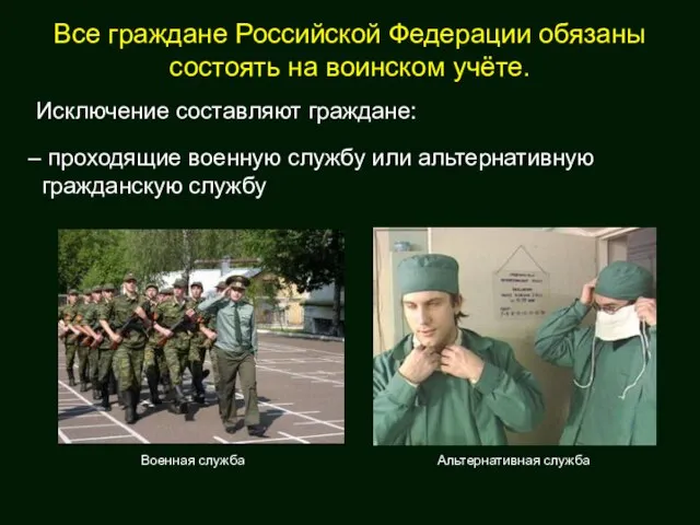 Все граждане Российской Федерации обязаны состоять на воинском учёте. Исключение составляют граждане: