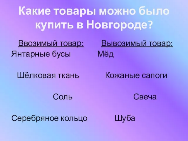 Какие товары можно было купить в Новгороде? Ввозимый товар: Янтарные бусы Шёлковая