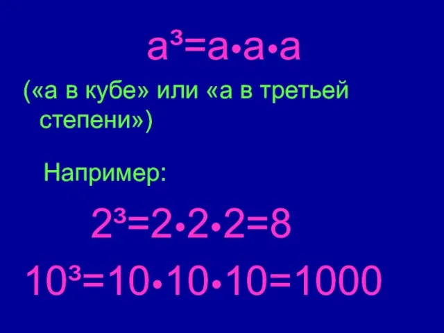 a³=a•a•a («а в кубе» или «а в третьей степени») Например: 2³=2•2•2=8 10³=10•10•10=1000