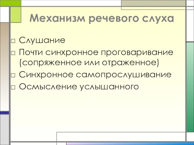 Механизм речевого слуха Слушание Почти синхронное проговаривание (сопряженное или отраженное) Синхронное самопрослушивание Осмысление услышанного