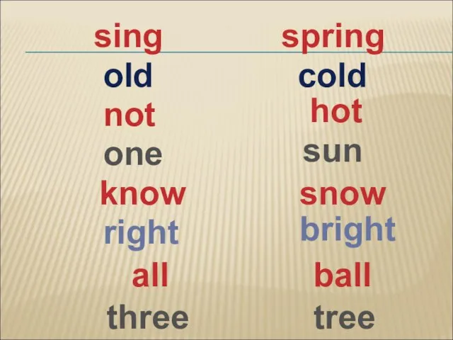 sing cold old spring not ball one hot know snow right sun all tree three bright