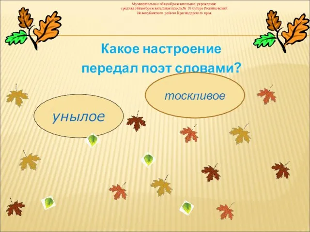 Какое настроение передал поэт словами? унылое тоскливое Муниципальное общеобразовательное учреждение средняя общеобразовательная