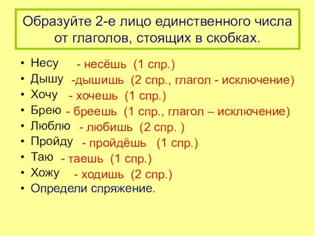 Образуйте 2-е лицо единственного числа от глаголов, стоящих в скобках. Несу Дышу