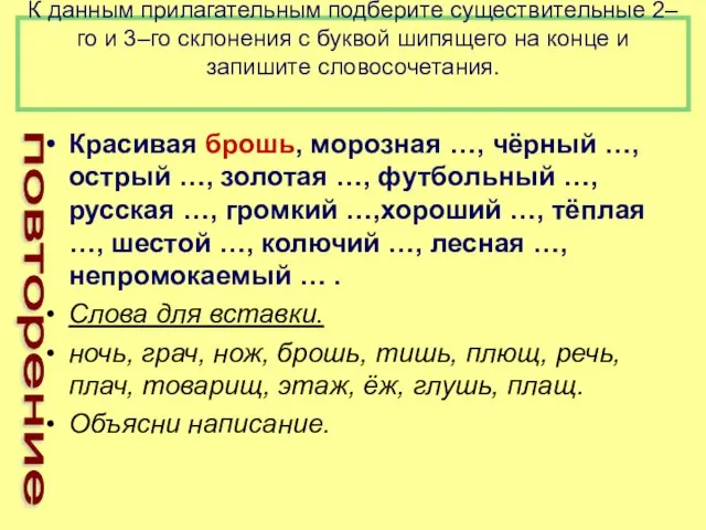 К данным прилагательным подберите существительные 2–го и 3–го склонения с буквой шипящего