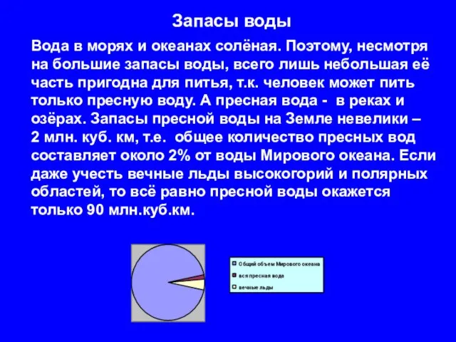 Запасы воды Вода в морях и океанах солёная. Поэтому, несмотря на большие