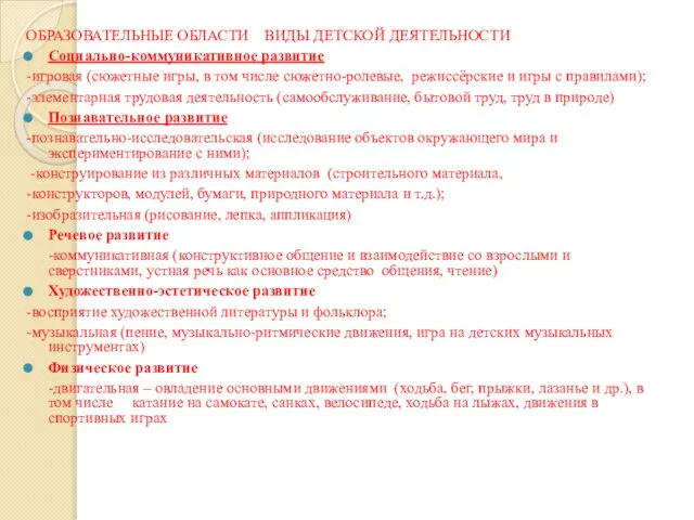 ОБРАЗОВАТЕЛЬНЫЕ ОБЛАСТИ ВИДЫ ДЕТСКОЙ ДЕЯТЕЛЬНОСТИ Социально-коммуникативное развитие -игровая (сюжетные игры, в том