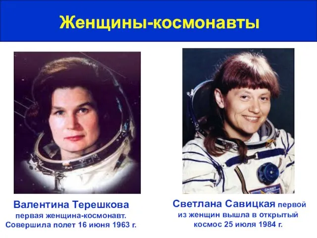 Женщины-космонавты Валентина Терешкова первая женщина-космонавт. Совершила полет 16 июня 1963 г. Светлана