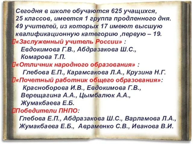 Сегодня в школе обучаются 625 учащихся, 25 классов, имеется 1 группа продленного