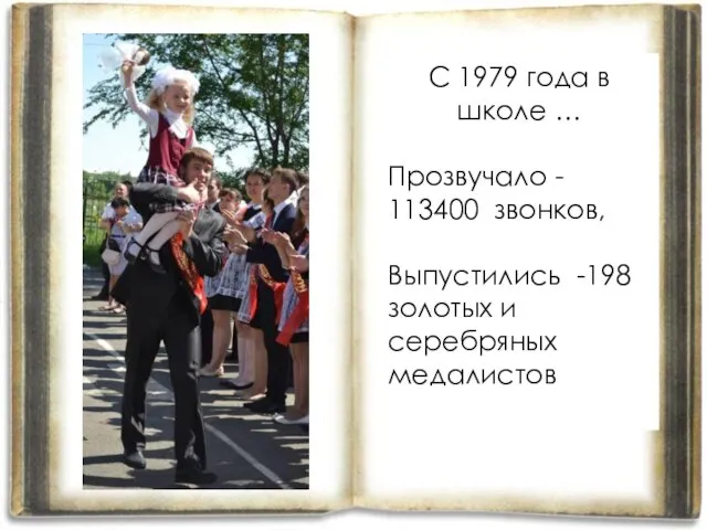 С 1979 года в школе … Прозвучало - 113400 звонков, Выпустились -198 золотых и серебряных медалистов