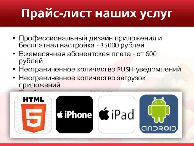 Прайс-лист наших услуг Профессиональный дизайн приложения и бесплатная настройка - 35000 рублей