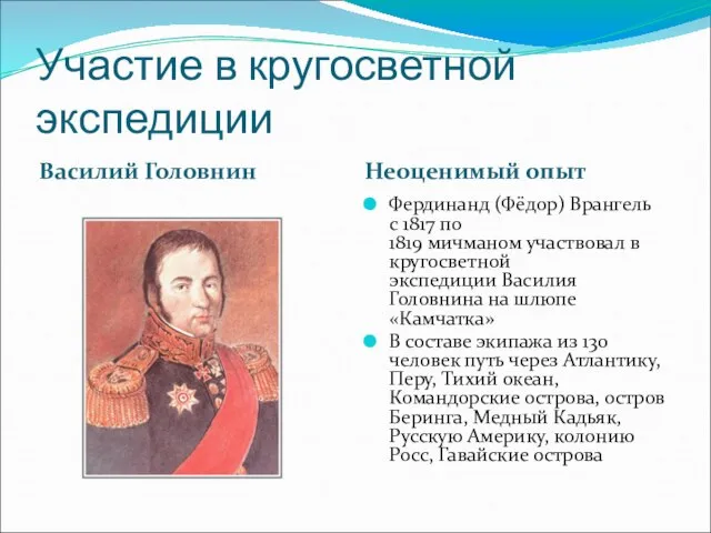 Участие в кругосветной экспедиции Василий Головнин Неоценимый опыт Фердинанд (Фёдор) Врангель с