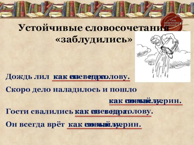 Устойчивые словосочетания «заблудились» Дождь лил Скоро дело наладилось и пошло Гости свалились