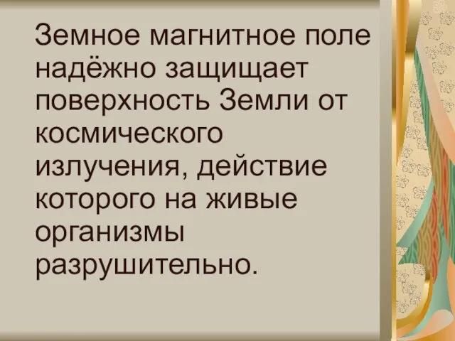 Земное магнитное поле надёжно защищает поверхность Земли от космического излучения, действие которого на живые организмы разрушительно.