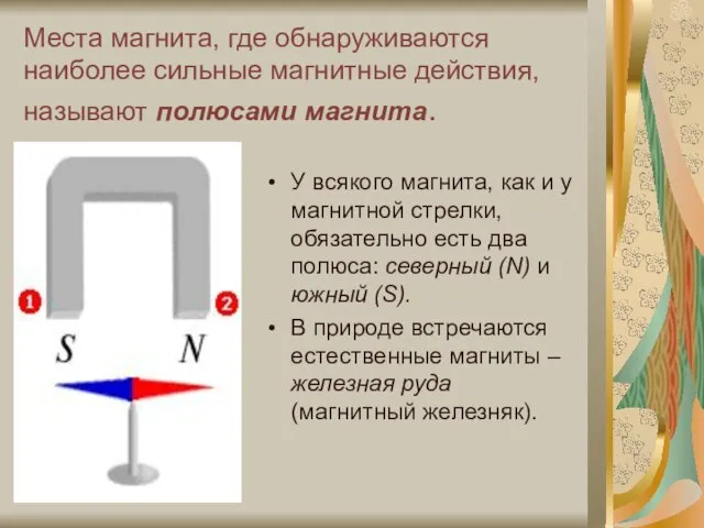 Места магнита, где обнаруживаются наиболее сильные магнитные действия, называют полюсами магнита. У