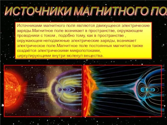 ИСТОЧНИКИ МАГНИТНОГО ПОЛЯ Источниками магнитного поля являются движущееся электрические заряды.Магнитное поле возникает