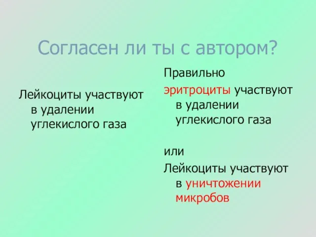 Согласен ли ты с автором? Лейкоциты участвуют в удалении углекислого газа Правильно