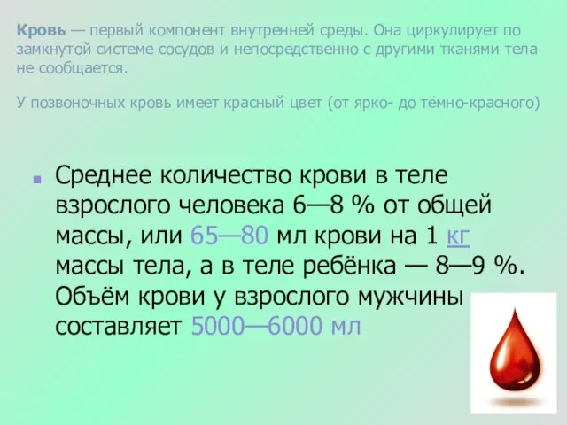 Кровь — первый компонент внутренней среды. Она циркулирует по замкнутой системе сосудов